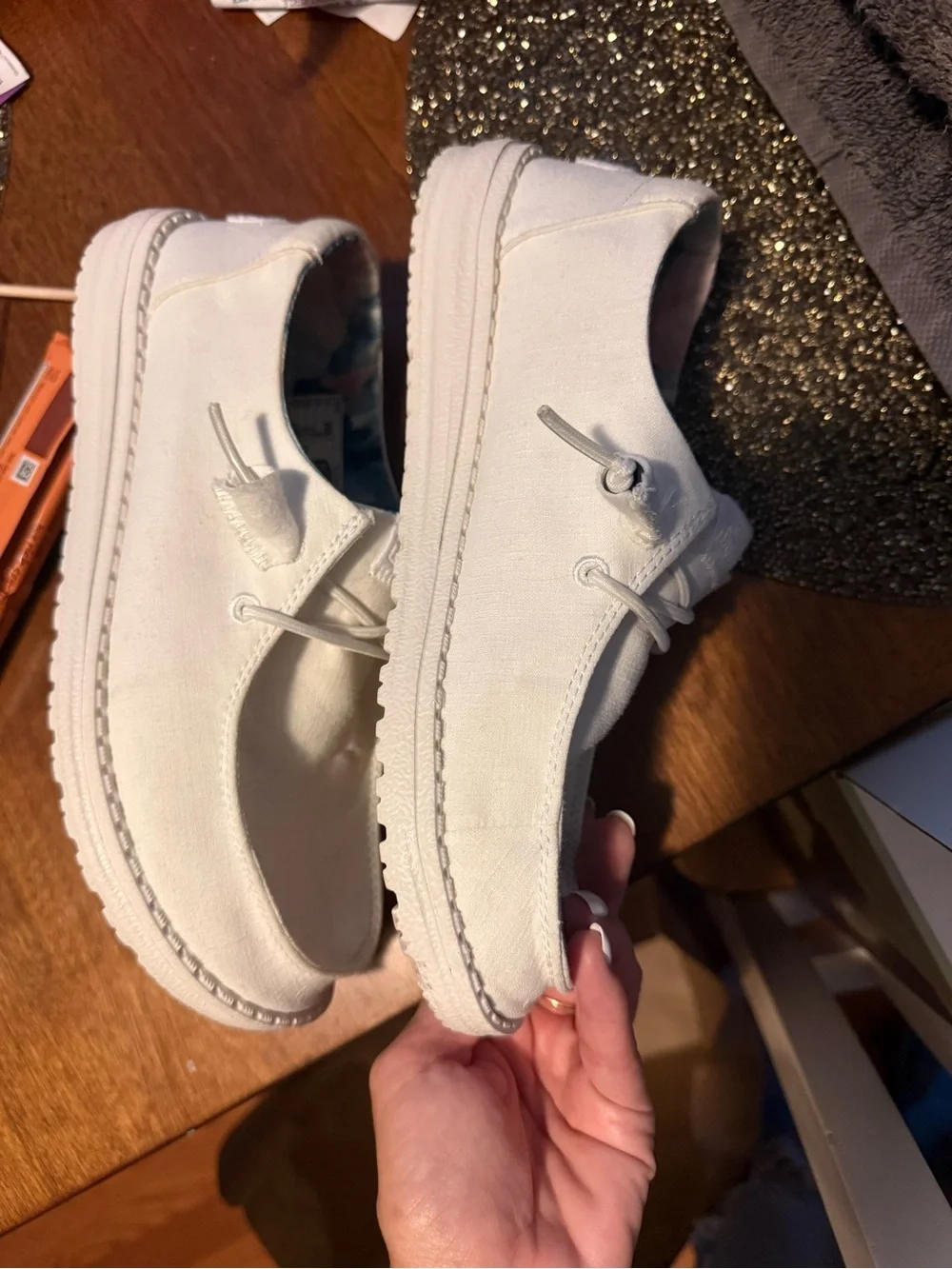 Hey Dude White Canvas Women’s Boat Shoes with Pastel Lining